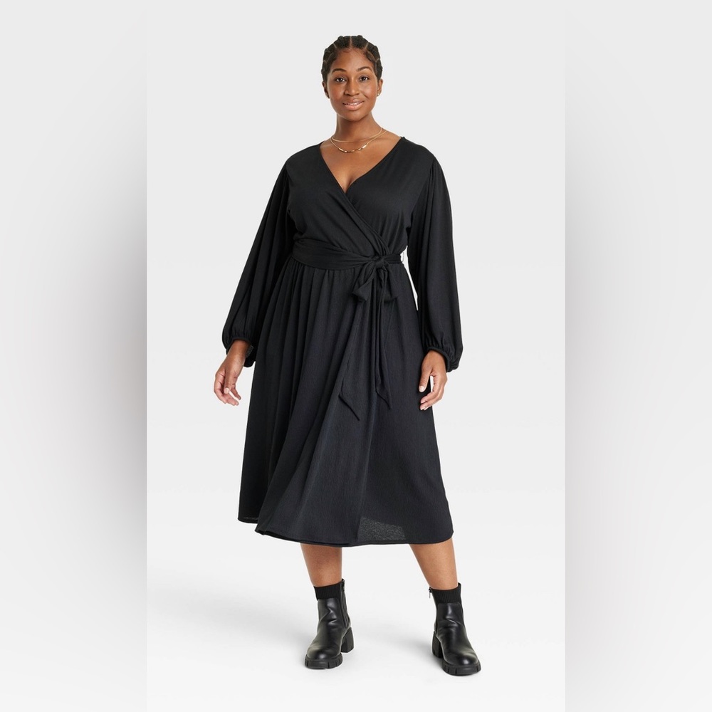 Ava & Viv Black Wrap Dress with Balloon Sleeve, Plus Size 1X